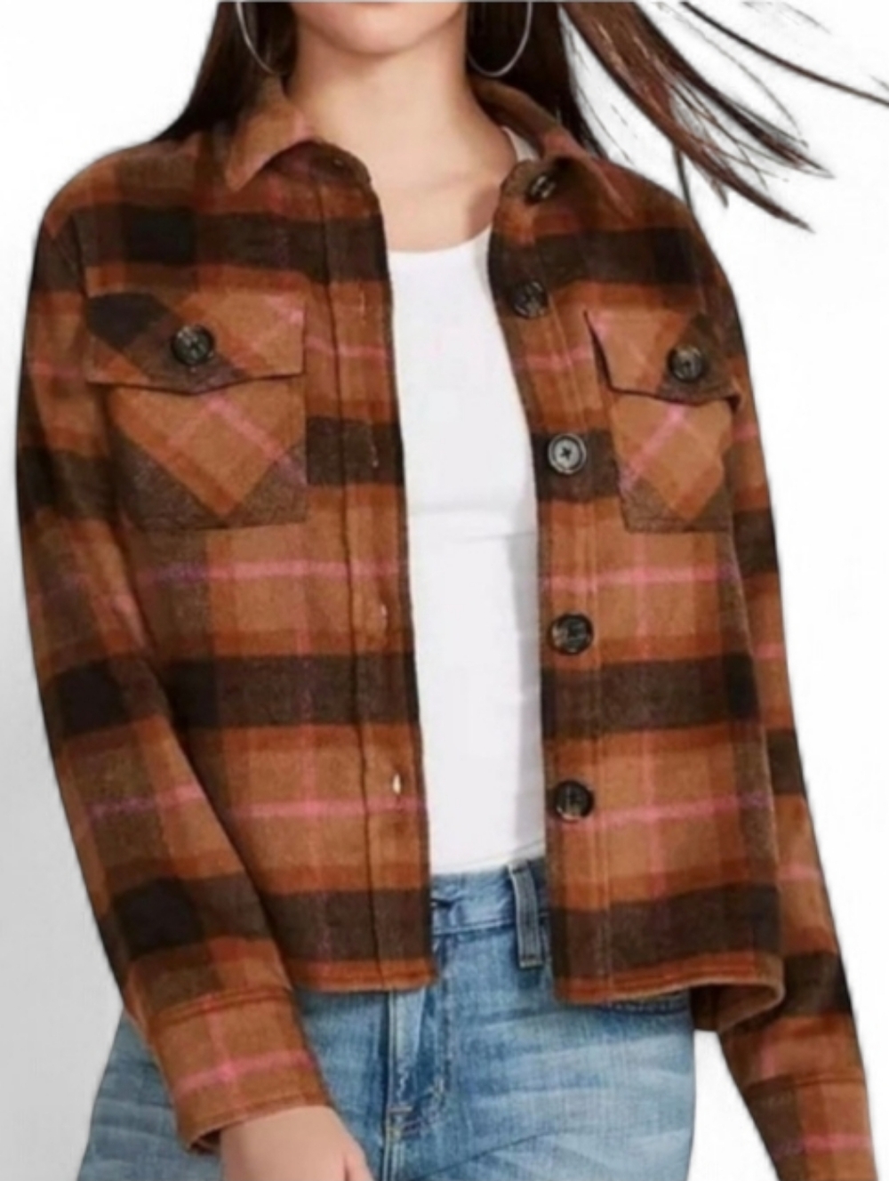 BB Dakota Steve Madden Shacket Plaid Fleece Jacket Button Front Boxy Brown M